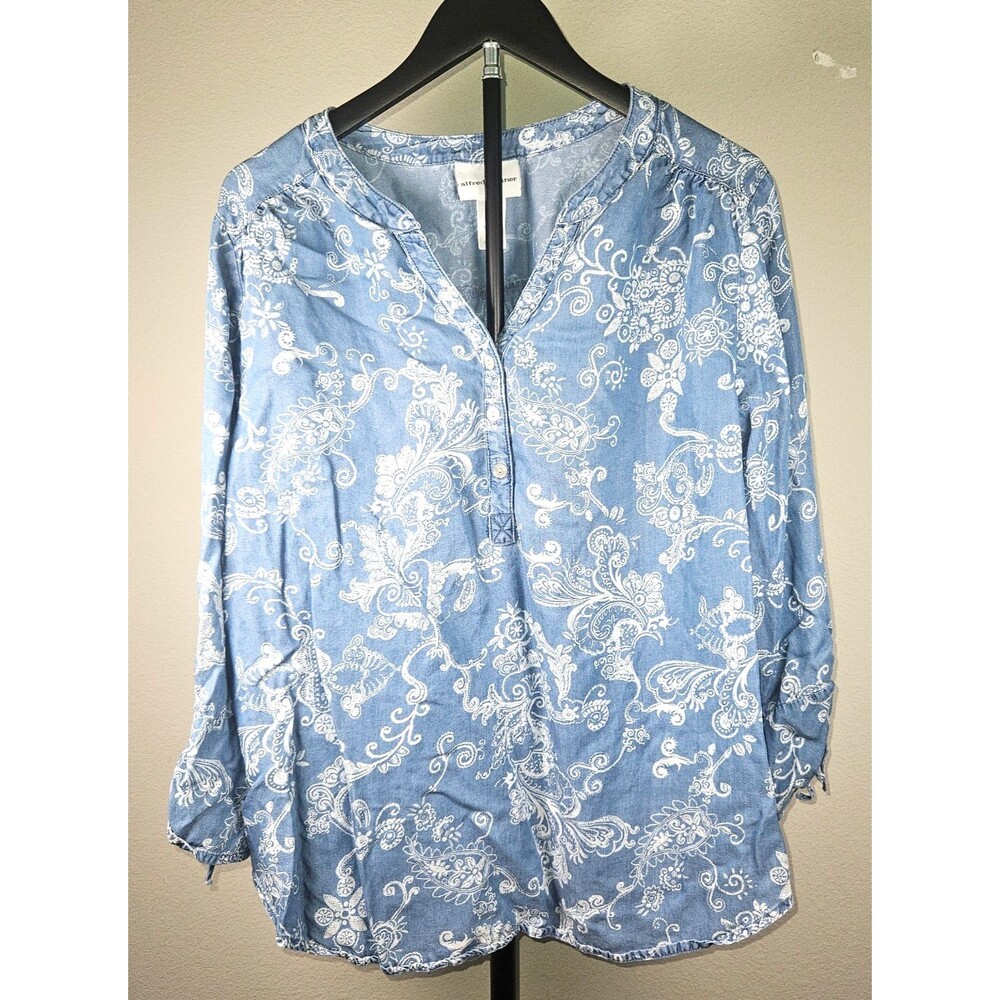 Alfred Dunner Womens Large Blue Paisley Top Lyocell 3/4 Sleeve Boho Blouse